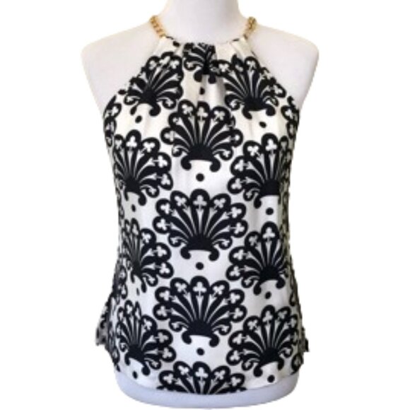 Milly 100% Silk Black White Medallion Scarf Print Halter Top Gold Chain Accent 2 - Picture 1 of 7